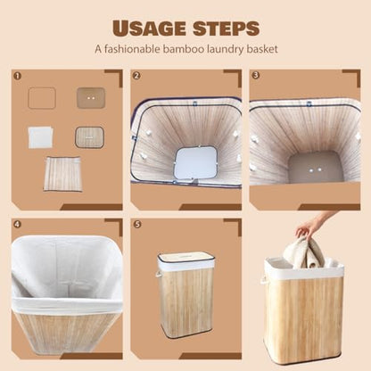 21 Gallon Bamboo Slim Trash Can with Lid,Slim Laundry Hamper,Removable and Machine Washable Liner,Foldable Slim Rectangular Laundry Basket for Laundry Room,Bedroom,Salon Spa