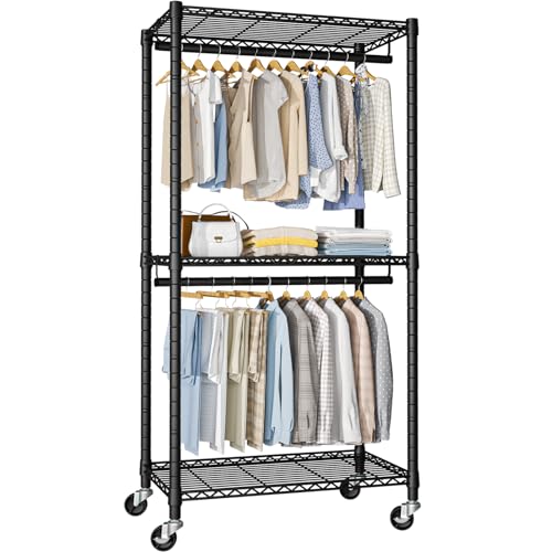 Heavy-Duty Portable Closet, 30"W x 14"D x 76"H, Black, Carbon Steel | Metal Rolling Clothing Rack, Closet System with Wheels and Shelves for Hanging Clothes, Portable Wardrobe Organizer Storage - color: Black, size: P1 Medium