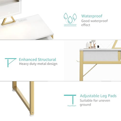 Lufeiya Small Makeup Vanity Desk with Mirror and Light, 32 inch White Vanity Desks Sets with Fabric Drawers for Girls Teen, Dressing Table and Chair Set with Power Outlet for Bedroom, White Gold - style: White Gold