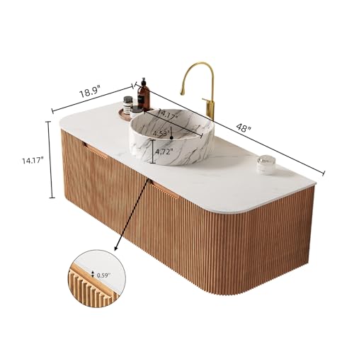 48” Floating Bathroom Vanity with Sink, Fluted Wall-Mounted Solid Wood Cabinet, Marble-Pattern Ceramic Round Basin, Faux Marble Top, Soft-Close Drawer, Pre-Assembled, Natural Woodgrain - color: 01 - Natural Woodgrain, size: 48"