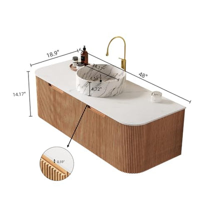 48” Floating Bathroom Vanity with Sink, Fluted Wall-Mounted Solid Wood Cabinet, Marble-Pattern Ceramic Round Basin, Faux Marble Top, Soft-Close Drawer, Pre-Assembled, Natural Woodgrain - color: 01 - Natural Woodgrain, size: 48"