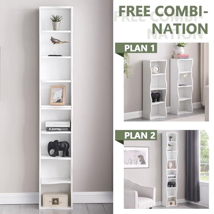 Skinny Tall Bookshelf, 8 Tiers Ultra Slim Bookshelf, Tall Narrow Bookcases, for Living Room, Office, Small Space, Adjustable Shelves, A Wavy Border Design, 11.6'' X 9.3'' X 70.9'' (White) - color: White