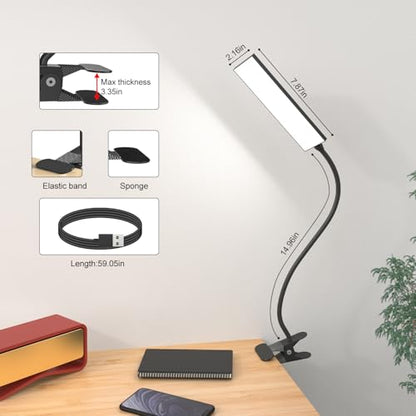 Clip on Desk Lamp, Flexible Reading Light | 5W LED Book Light, 3 Color & 6 Brightness Levels, USB Powered Adjustable Neck Lamp for Desk, Bedside, Study, Office - color: Dark Black