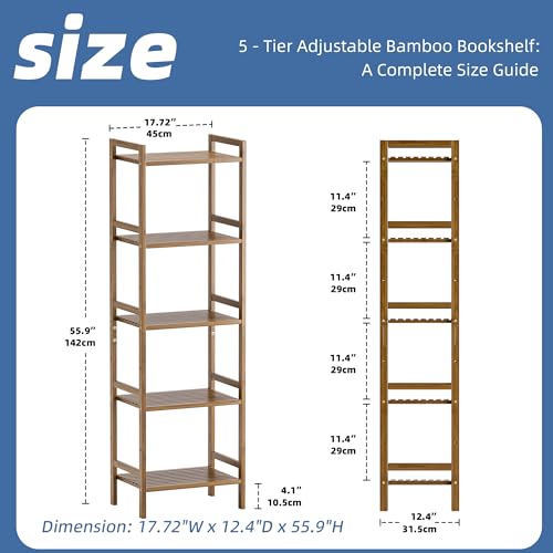HITNET Bamboo Book Shelf, Tall Narrow Bookcase, Bathroom Shelving Unit 5 Tier Floor Standing Adjustable Bookshelf for Small Spaces, Walnut - color: Walnut