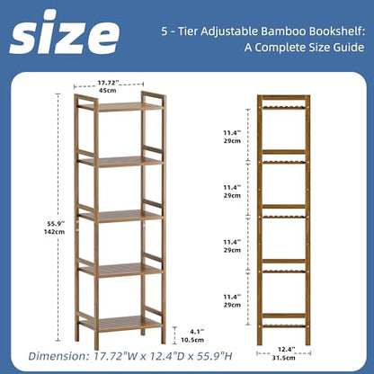 HITNET Bamboo Book Shelf, Tall Narrow Bookcase, Bathroom Shelving Unit 5 Tier Floor Standing Adjustable Bookshelf for Small Spaces, Walnut - color: Walnut