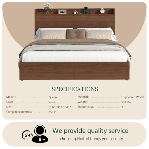 Queen Size Bed Frame with Storage Headboard & 2 Drawers, Mid-Century Modern Platform Bed with Charging Station & Shelf, Wooden Slat Support, No Box Spring Needed (Queen (U.S. Standard)) - size: Queen (U.S. Standard)