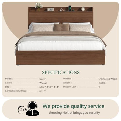 Queen Size Bed Frame with Storage Headboard & 2 Drawers, Mid-Century Modern Platform Bed with Charging Station & Shelf, Wooden Slat Support, No Box Spring Needed (Queen (U.S. Standard)) - size: Queen (U.S. Standard)