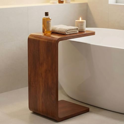 C Shaped End Table for Couch – Wood Sofa Side Table with Slide-Under Base | Space Saving Narrow Snack Table for Living Room, Bedroom & Small Spaces, Walnut - color: Walnut
