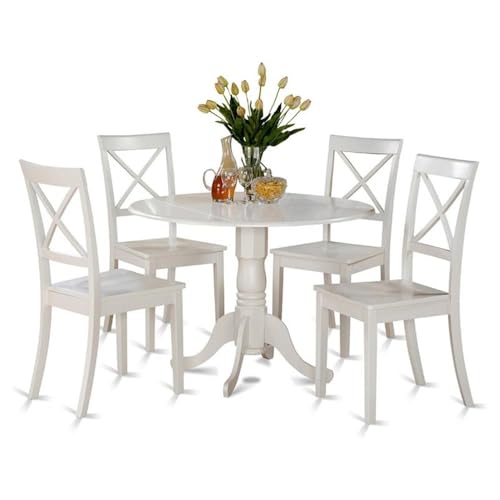 East West Furniture DLBO5-WHI-W 5 Piece Kitchen Table Set for 4 Includes a Round Dining Room Table with Dropleaf and 4 Solid Wood Seat Chairs, 42x42 Inch, Linen White - color: Dlbo5-whi-w, size: Table + 4 Chairs