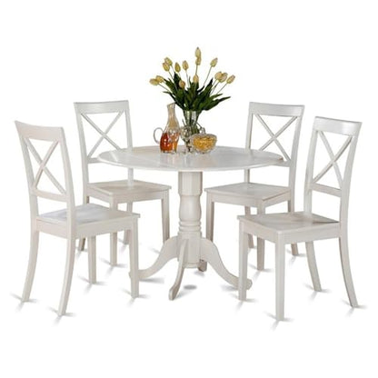 East West Furniture DLBO5-WHI-W 5 Piece Kitchen Table Set for 4 Includes a Round Dining Room Table with Dropleaf and 4 Solid Wood Seat Chairs, 42x42 Inch, Linen White - color: Dlbo5-whi-w, size: Table + 4 Chairs
