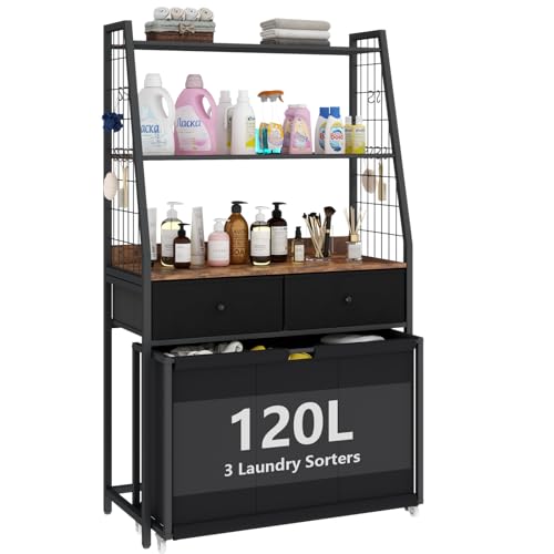 STIKELY Laundry Hamper Laundry Basket with 3 Section Pull-Out Rolling Bags & 2-Tier Storage Shelf, Laundry Sorter for Organization and Storage with 2 Drawers for Laundry Room, Bathroom - color: Brown+Black, size: 62.99'' x 32.68'' x 15.75''