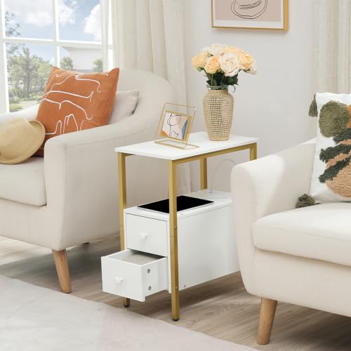 HOOBRO End Table with Charging Station, Narrow Side Table with 2 Drawer & USB Port & Power Outlets, Nightstand for Small Spaces, Stable and Sturdy, for Living Room, Bedroom, Gold and White DW541BZ01 - color: Gold + White