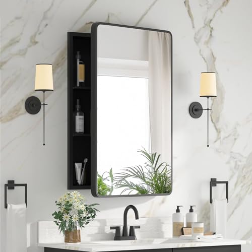 Medicine Cabinet 20 x 28 Inch, Black Bathroom Medicine Cabinet with Mirror,Metal Beveled Mirror, Adjustable Shelves, Recessed or Wall Mount, Sturdy & Solid, Bathroom Mirror with Storage - color: Black, size: 20*28inch