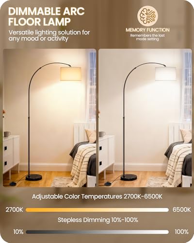 75" Arc Floor Lamp with Marble Base and Adjustable Height, Rotating Hanging Shade, Dimmable Floor Lamp for Living Room with Remote and Foot Switch, 3CCT, Over Couch Arched Light, White Shade W15LD05 - color: Black + White