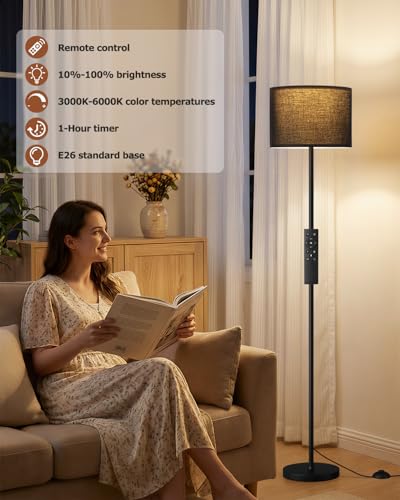 Dimmable Floor Lamp for Living Room with Remote, 9W 900LM LED Bulb Included, Black Shade Black Pole - color: black & soft black