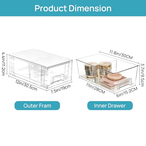 Vtopmart 6 Pack Stackable Storage Drawers,Clear Acrylic Drawer Organizers with Handles, Easily Assemble Containers for Fridge, Bathroom,Kitchen Undersink,Cabinet,Pantry Organization and Storage | Clear Drawer Organizers with Removable Dividers for Flexibl