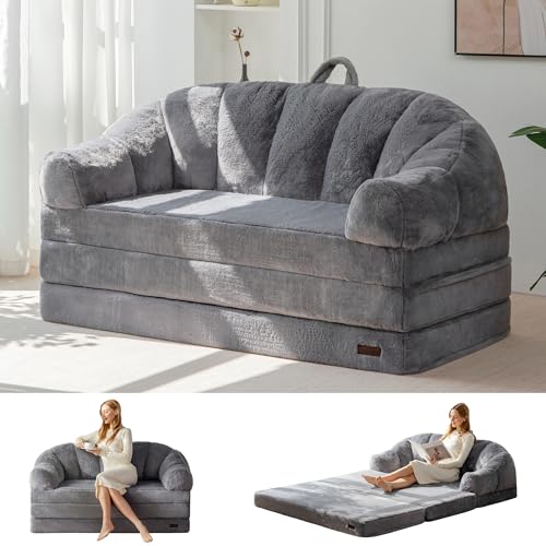 MAXYOYO Folding Sofa Bed, 2 in 1 Convertible Sofa to Lounger | Comfy Loveseat Bean Bag Chair for Adults, Floor Couch with Handle, Faux Fur Couch Bed for Living Room Bedroom, Grey - color: Grey, size: Loveseat