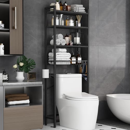 Kalrin Over-The-Toilet Storage Rack, 4-Tier Bathroom Organizer Shelf Over Toilet with Adjustable Shelf and Basket, Freestanding Space Saver Bathroom Shelves Above Toilet for Room (Pure Black) - color: Pure Black