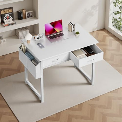 DUMOS 32" Home Office Computer Desk with Drawers, Small Gaming Writing Study Table with Storage Side Bag, Headphone Hook and Adjustable Feet for Bedroom White | Small Writing Desk for Home Office with Headphone Hook, Compact Study Table for Bedroom - colo