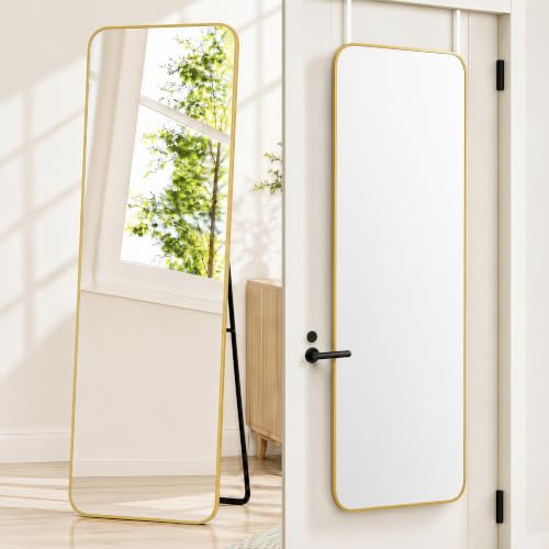 57x20" Full Length Mirror Floor Stand,Over the Door,Wall Mounted Gold | HD Crystal Clear Tempered Glass,Aluminum Frame,Full Body Dressing Make-Up Mirrors Rect Hang for Bedroom,Bathroom,Living Room - color: Gold, size: 57"L x 20"W