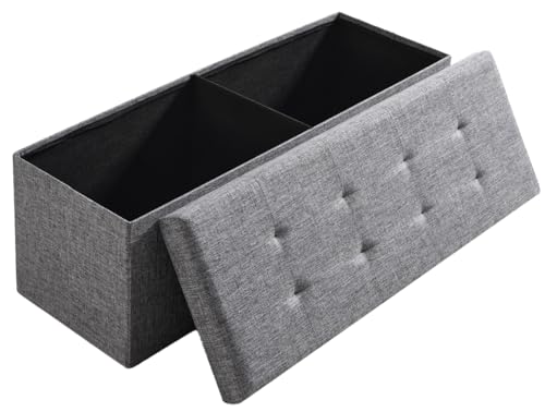 Ornavo Home 43 Inch Folding Extra Large Storage Bench, Linen, Gray | Upholstered Tufted Ottoman with Lid; Foot Rest Stool; Ideal for Bedroom, Living Room or Entryway - color: Grey, size: 15"d X 43"w X 15"h