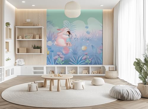 ASJ Kids Nursery Peel and Stick Wallpaper Mural, Girl Bunny Planet Pink | Seamless edge-to-edge match. Space botanical dreamy artwork, 98x62 in, premium fabric, girls bedroom playroom. - color: Soft Pink, size: 98" x 62"