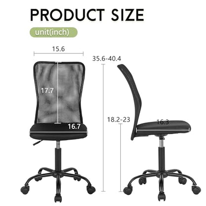 BestOffice | Armless Office Chair | Black | with Lumbar Support | Ergonomic Computer Chair with Height Adjustment, 360 Swivel, High Density Cushion & Rotatable Wheels | For Home, Office - color: Black