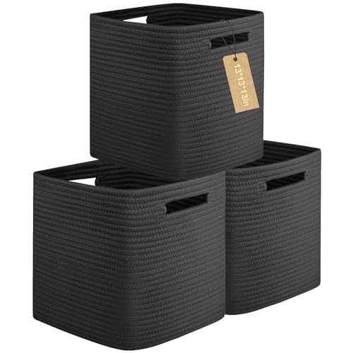 OIAHOMY 2 PACK Cube Storage Bin 13 Inch Collapsible Storage Cube Black | Cube Storage Organizer Storage Bins for Shelves Baskets for Organizing Woven Rope Storage Baskets - color: Black, size: 3Pcs-13*13*13inch