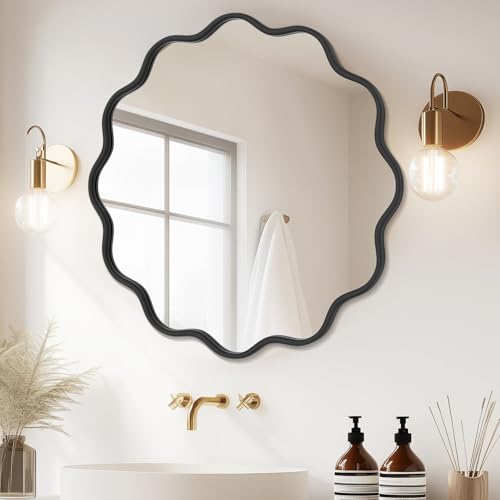 PROHOMEWARE Black Round Mirror 32 Inch Wavy Bathroom Vanity Mirror Black Frame Modern Wall Mirror Decorative Wall-Mounte Anti-Rust, Tempered Glass - color: Black, size: 32"L x 32"W
