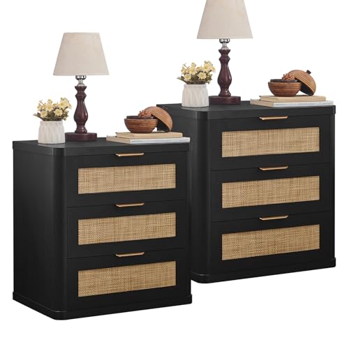 LEYAOYAO Rattan 23" Nightstands with Drawers for Bedroom | Gold Metal Handle, Storage Shelf, Black Night Stand, Boho Bedside Table, Bed Side End Tables Living Room, Hallway - color: Boho Black, size: 3 Drawers