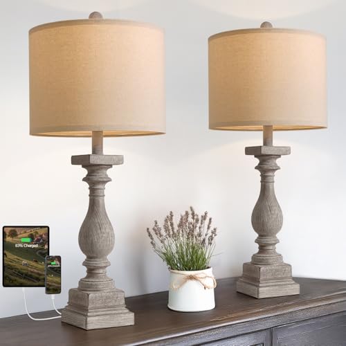BOBOMOMO 27" Farmhouse Table Lamps with USB-A +C Ports, Vintage Rustic Lamps for Living Room, Linen Shade, Retro Side Table Lamps Set of 2 for Living Room,Bedroom,Night Stands (Blubs not Included) - color: Gray