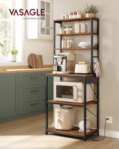 VASAGLE Bakers Rack with Power Outlet, 23.6 Inches Coffee Bar for Kitchen with Storage, 6-Tier Kitchen Shelves with 6 Hooks, Microwave Stand, Industrial, Rustic Brown and Ink Black UKKS124K03 - color: Rustic Brown + Ink Black, size: 23.6"W, style: With Po