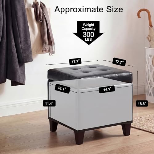 Storage Ottoman, 17" Fuax Leather Square Tufted Footrest Stool with Hinged Lid & Wooden Legs, Extra Seat or Coffee Table for Living Room, Bedroom, Entryway, Black - color: Black Leather