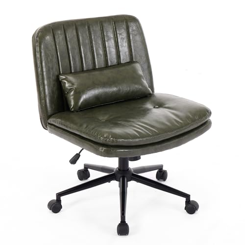TUNYI Criss Cross Chair with Wheels Armless Wide Cross Legged Office Chair Swivel Height Adjustable Computer Task Vanity Chair with Pillow for Home Office, Dressing Room (Dark Green) - color: Dark Green
