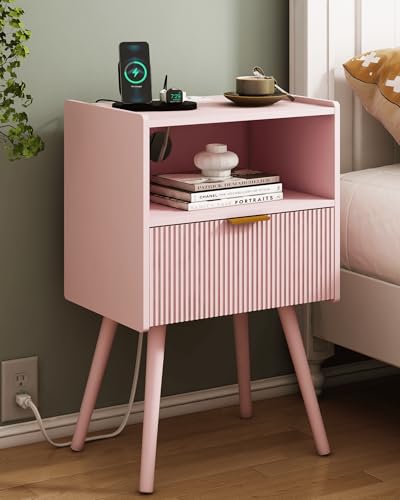 Nightstand with Oultlet,Modern Bedside Table with Storage Drawer and Open Wood Shelf, for Living Room, Bedroom and Small Spaces, Accent Night Stand with Solid Wood Legs, Easy Assembly,Pink - color: Pink-outlet