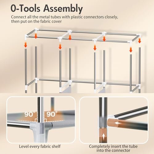 Portable Closet, Storage Organizer Wardrobe, Non-Woven Fabric Cover | 3 Hanging Rods, 6 Storage Shelves and Side Pockets, Free Standing Clothes Rack with Non-Woven Fabric Cover, Grey