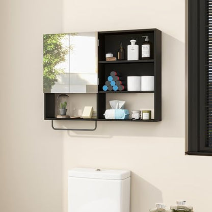 Bathroom Wall Cabinet with Mirror & Towel Bar, Black - color: Black-with Mirror
