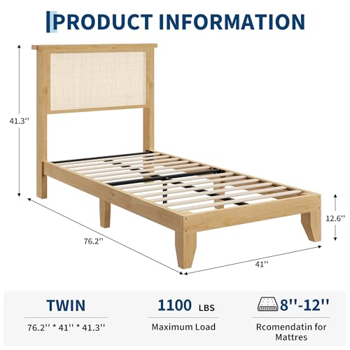 Garvee Bohemian Twin Rattan Bed LED Natural Headboard Bedroom | Bohemian twin rattan bed with natural headboard, LED lights, solid wood frame. No box spring needed for bedroom use. - size: Twin(0 Drawers)