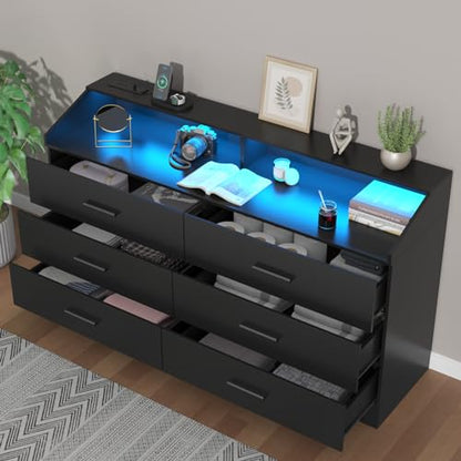 6 Drawer Dresser for Bedroom with Charging Station, Dresser with LED Light | Chest of Drawers for Closet, Modern Dressers with Open Storage Cubby, Double Wide Dressers - color: Black-