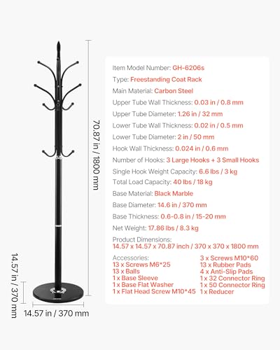 VEVOR Coat Rack Freestanding, Coats Tree Stand with Stable Marble Base & 6 Hooks, Free Standing Hall Coat Rack for Entryway, Bedroom, Office, Living Room, Modern Clothes Hanger for Coats, Hats, Bags - style: Hook