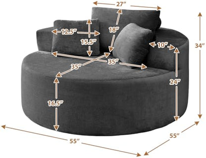 55" Oversized Round Chaise Longue Chair Indoor, Upholstered Terry Circle Single Cloud Reading Sofa Chair Deep Seat Modern Boneless Sleeper Couch No Assembly Required, Grey - color: Grey, style: 55"Terry