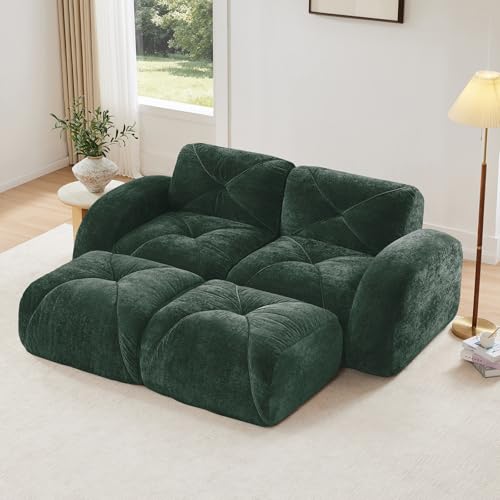 Green Loveseat Sectional Couches for Living Room, Velvet Fabric Boneless Couch, No Assembly Cloud Modular Sectional Sofa Love Seat with 2 Ottoman, Foam Couch Compressed Sofa Set, Sofas para Sala - color: Green, size: 2 Seater + 2 Ottoman
