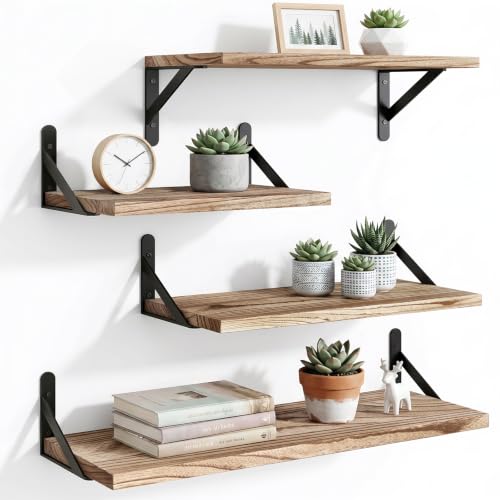 YGEOMER 4 Different Sizes Floating Shelves for Wall Decor, Light Carbonized | Rustic wood shelves in mixed sizes for flexible combined storage. Fits bathroom, kitchen, living room, bedroom and office. - color: Light Carbonized Brown, size: 16inch Mixed