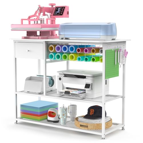 Crafit Extra Large Heat Press Table with Vinyl Storage, Foldable Stand | Heat Press Desk Cart, Heavy Duty Metal Workbench for DIY Sublimation, T-Shirts Caps Mug & Tumbler Heat Transfer Projects - color: Extra Enlarged Size - White