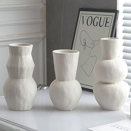 Ceramic Vases for Flowers, Matte White Ribbed Vase Set of 3, Decorative Vases for Pampas Grass, Modern Farmhouse Home Decor, Pottery for Centerpieces, Boho Vases - color: Ribbed Vase