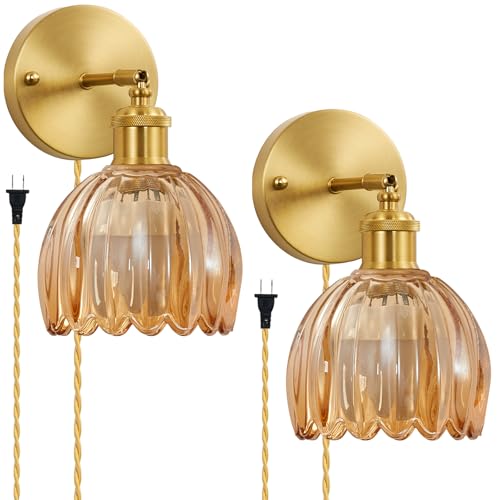 Plug in Wall Sconces Set of 2, Vintage Wall Lamp with Plug in Cord Amber Tulip Glass Shade Decor Indoor, Gold Wall Light for Bedroom Bedside Kids Living Room Bathroom - color: Amber