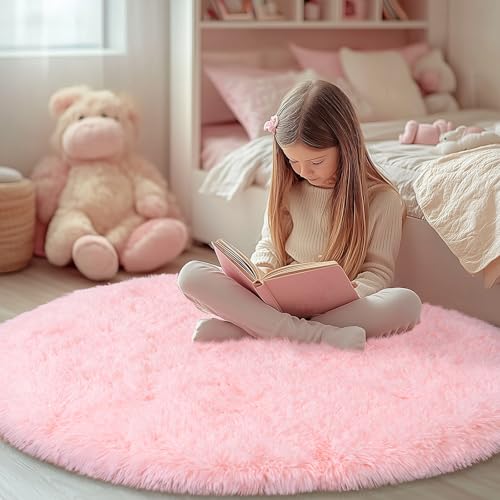 4ft Fluffy Pink Round Rug for Bedroom Girls, Washable Non-Slip | Soft and Fluffy Plush, Memory Foam Padding, Flame Resistant, Pink Shag Circle Rug for Girls Kids Room Dorm Home Decor - color: Pink, size: 4' (Round)