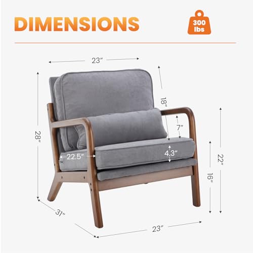 DUMOS Mid Century Modern Accent Chair, 16'' Seat Height Cozy Lounge Chair | Upholstered Armchair with Waist Cushion and Wood Frame for Living Room, Bedroom, Reading Nook, Balcony, Light Grey - color: Light Grey, size: 1 Pack