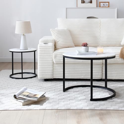 24" Marble Pattern Accent Side Table, Modern Nesting Side Tables with Metal Frame, Space-Saving Nesting Coffee Table Set for Living Room Apartment, White - color: White