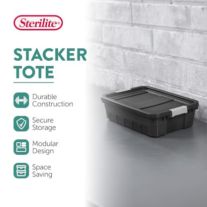 Sterilite 6-Pack 10 Gallon Stacker Tote, Rugged Plastic Storage for Home Organization, Black - Stackable Organizer Bins with Recessed Lid & Heavy-Duty Latches for Closet, Basement, Garage and Attic - size: 10 Gallon, style: 6 Pack